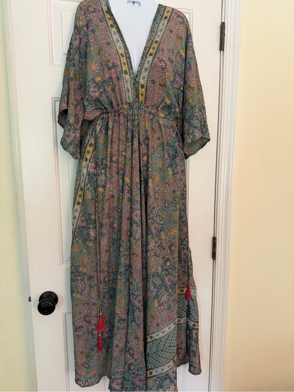 Paani Blue L Boho Paisley Tassel Maxi Dress Cinched Waist NWOT